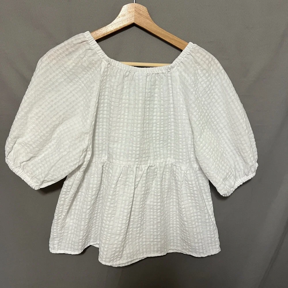 Old Navy Womens White Peasant Babydoll Top Sz M Puff Slv Cottagecore Clean Girl‎